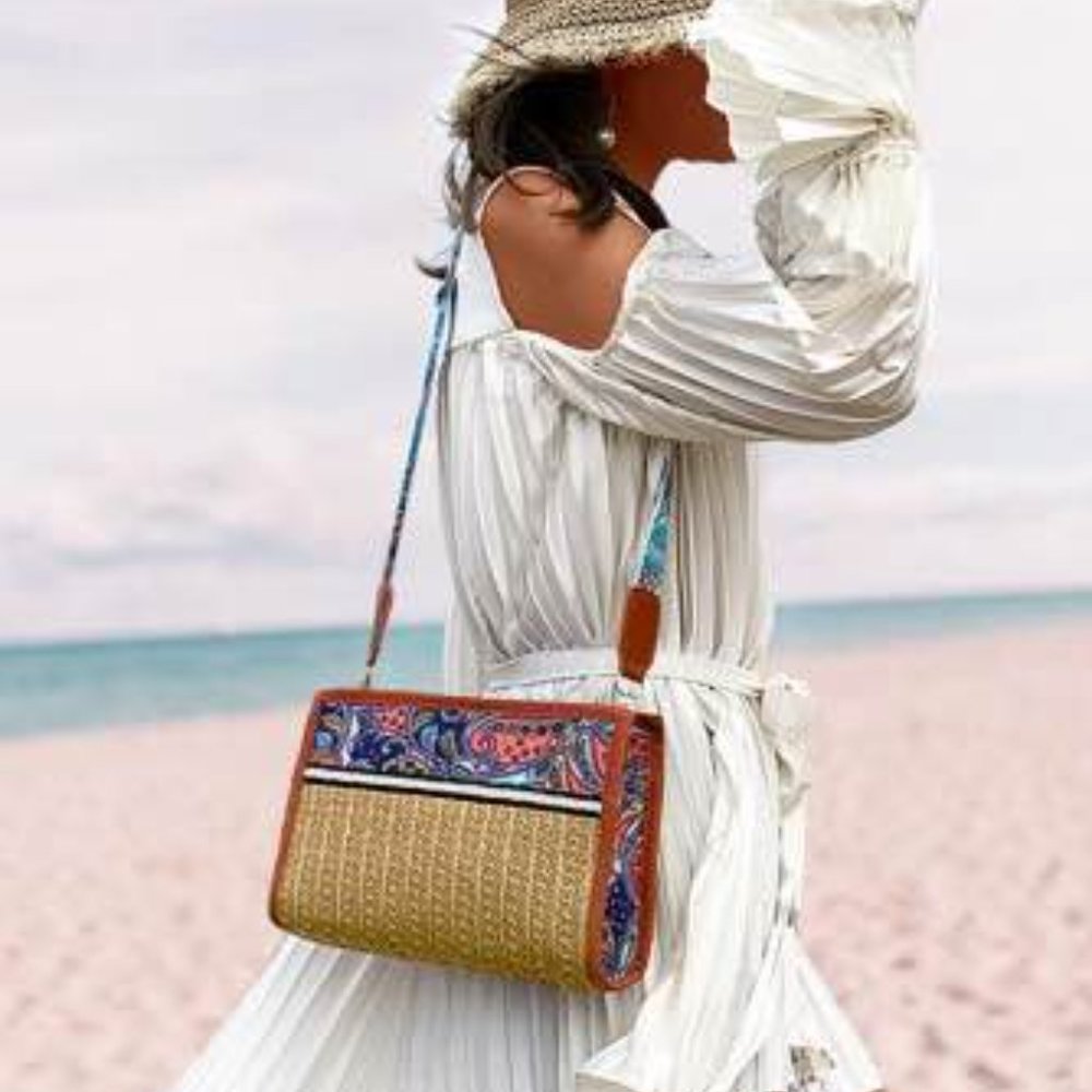 Khaki Ethnic Pattern Splicing Straw Crossbody Bag
